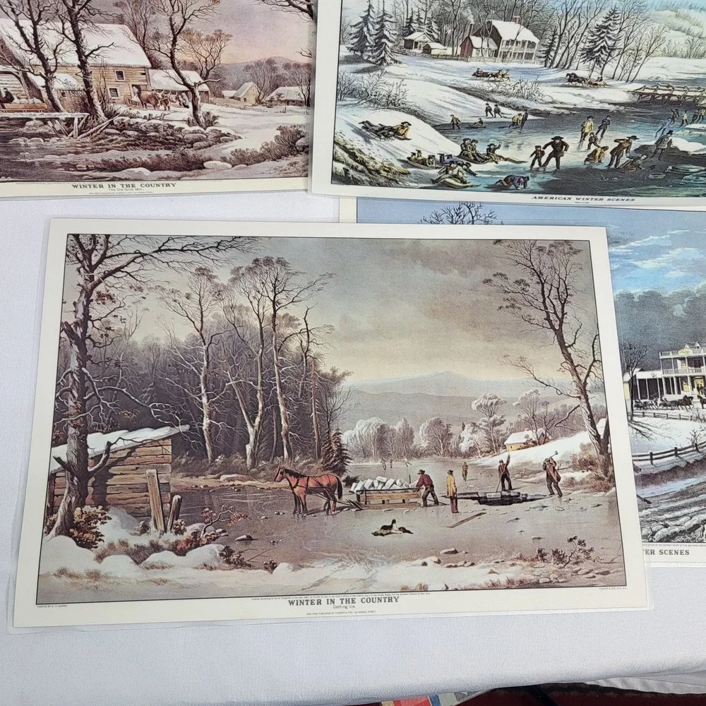 Currier and Ives American Winter Scenes 4 VTG Placemats Set Reversible Christmas
